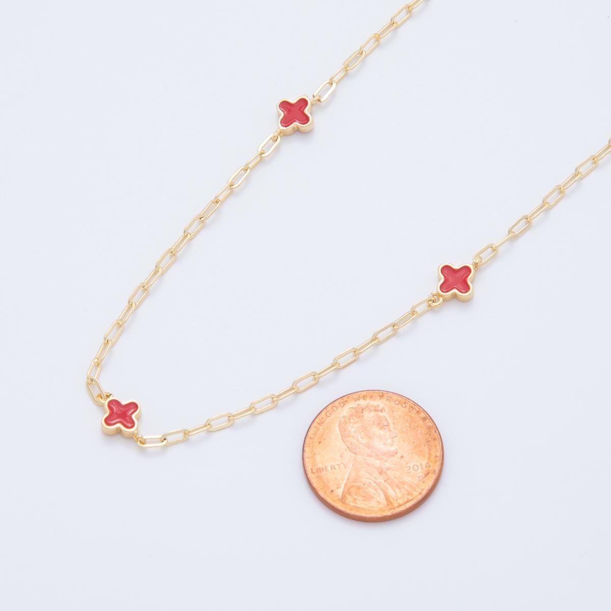 16K Gold fill Dainty Four-Leaf Lucky Quatrefoil Chain by Yard, Wholesale Red Enamel Satellite Chain for Jewelry Making | ROLL-1593