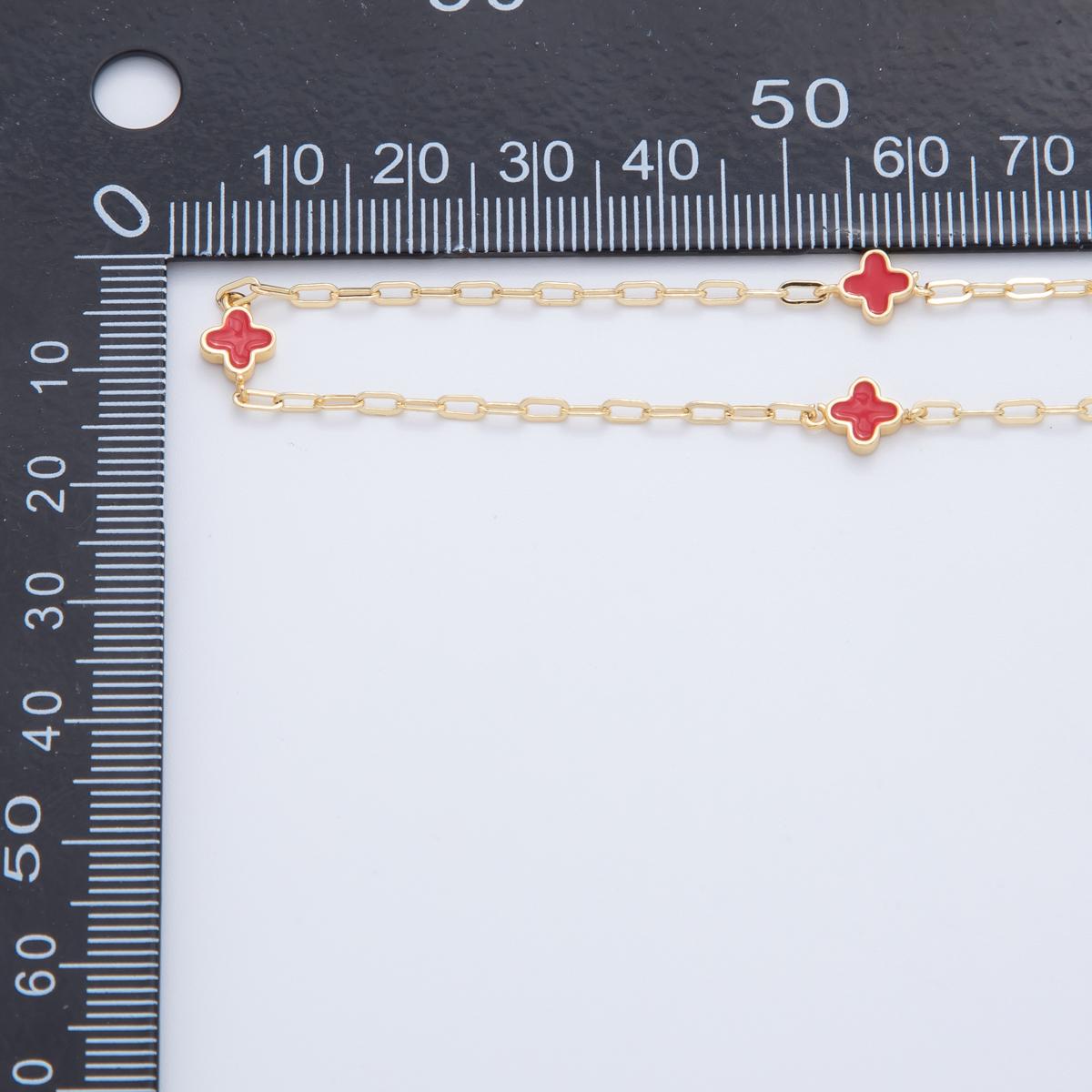 16K Gold fill Dainty Four-Leaf Lucky Quatrefoil Chain by Yard, Wholesale Red Enamel Satellite Chain for Jewelry Making | ROLL-1593