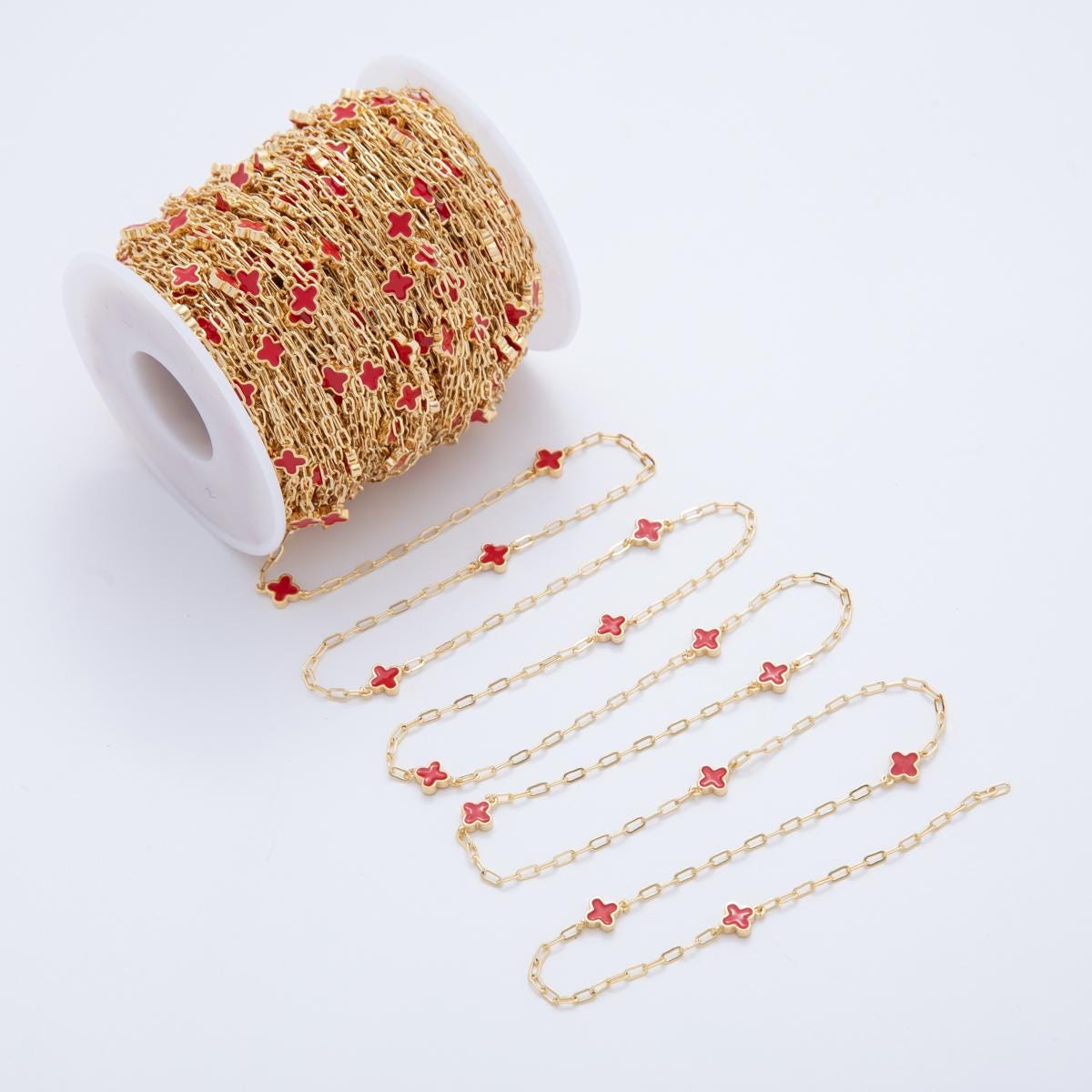 16K Gold fill Dainty Four-Leaf Lucky Quatrefoil Chain by Yard, Wholesale Red Enamel Satellite Chain for Jewelry Making | ROLL-1593