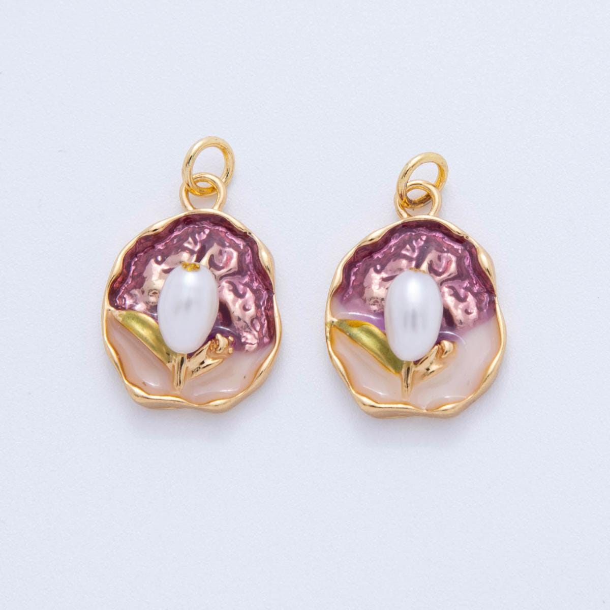 18K Gold Filled Enamel Tulip Flower Pearl Floral Bud Charm in Gold | AF-383