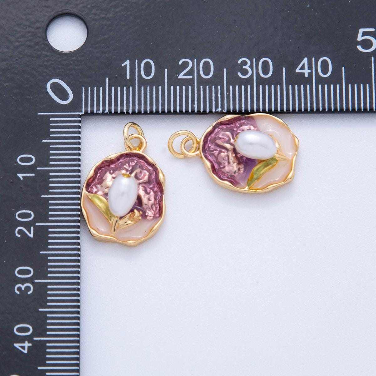 18K Gold Filled Enamel Tulip Flower Pearl Floral Bud Charm in Gold | AF-383