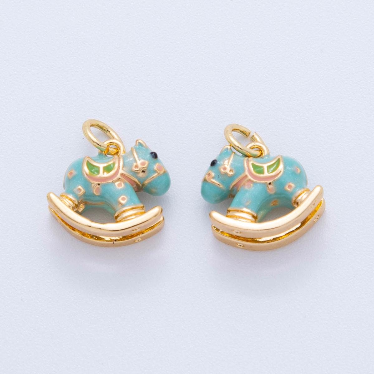 18K Gold Filled Horse Pendant Rocking Horse Pendant Baby Nursery Charms Blue Enamel Horse Charm DIY Jewelry Making AF-386