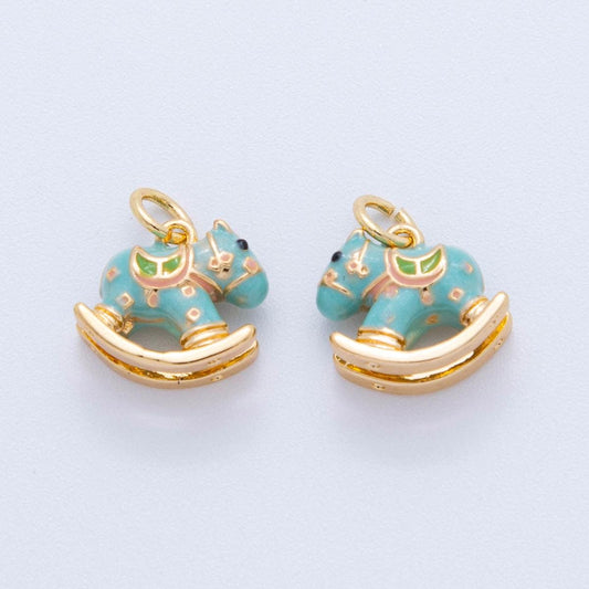 18K Gold Filled Horse Pendant Rocking Horse Pendant Baby Nursery Charms Blue Enamel Horse Charm DIY Jewelry Making AF-386