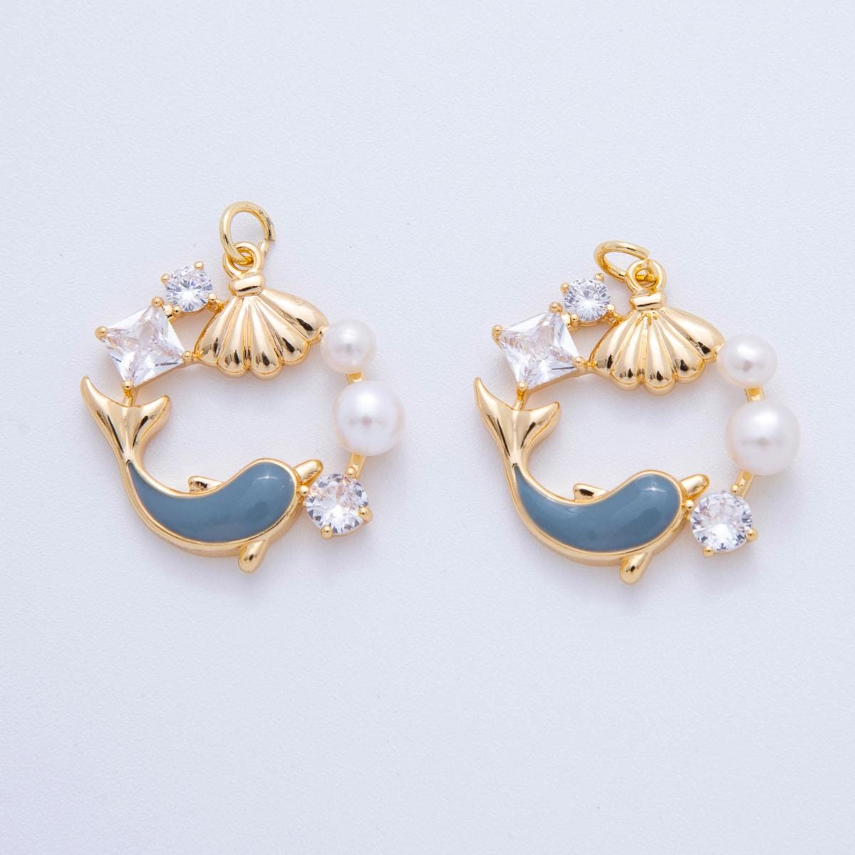 18k gold filled Dolphin Charm Shell Clam Pearl with Clear micro paved cz pearl mermaid Beach Under the Sea inspired | AF-385
