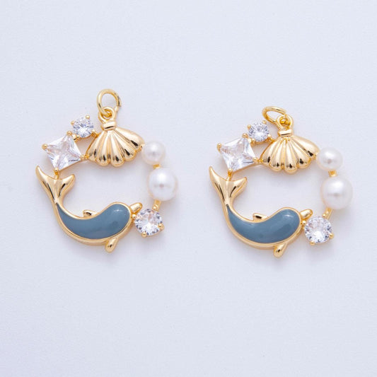 18k gold filled Dolphin Charm Shell Clam Pearl with Clear micro paved cz pearl mermaid Beach Under the Sea inspired | AF-385