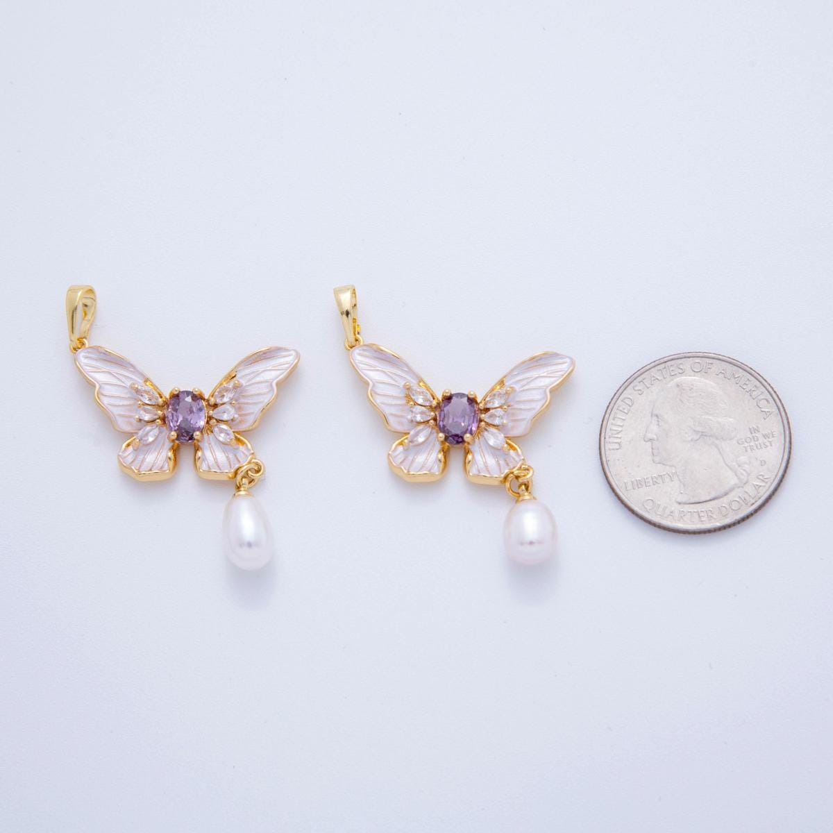 Dainty 18K Gold Filled Monarch Butterfly Charm Enamel Pendant with Pearl Drop for Jewelry Making AH-759