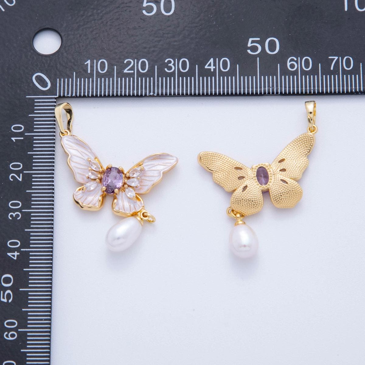 Dainty 18K Gold Filled Monarch Butterfly Charm Enamel Pendant with Pearl Drop for Jewelry Making AH-759