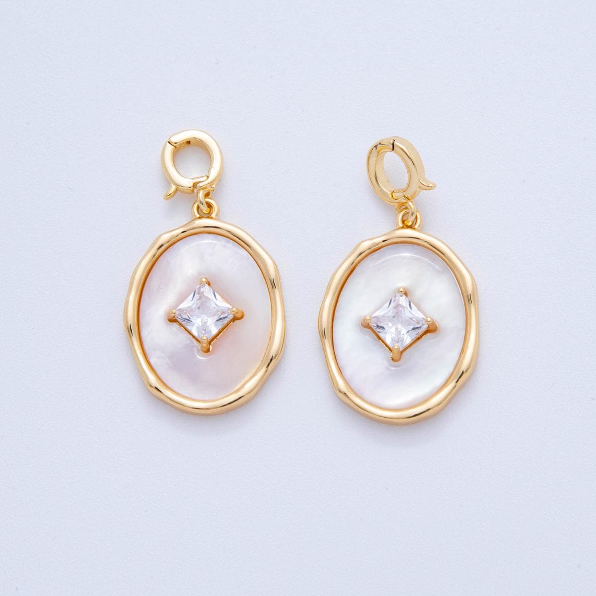 Gold Oval Drop Charm with Shell Pearl and Princess Cut CZ 18K Gold Filled Modern Charm with Enhancer Bail for Necklace | AH-758