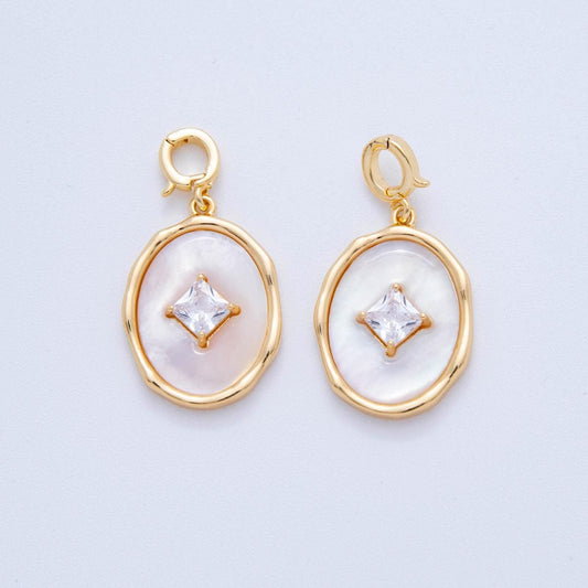 Gold Oval Drop Charm with Shell Pearl and Princess Cut CZ 18K Gold Filled Modern Charm with Enhancer Bail for Necklace | AH-758