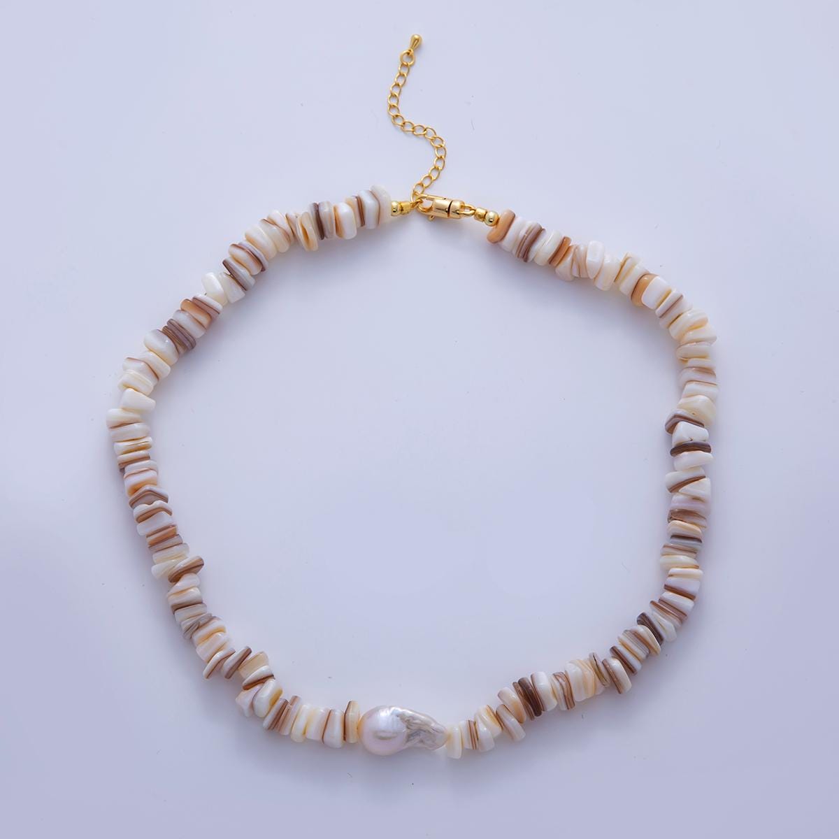 Handmade Brown Shell Pearl Necklace Chip Bead Smooth Freeform Nugget Beaded Cluster Necklace WA-856