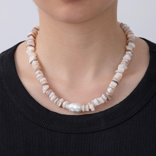 Handmade Brown Shell Pearl Necklace Chip Bead Smooth Freeform Nugget Beaded Cluster Necklace WA-856