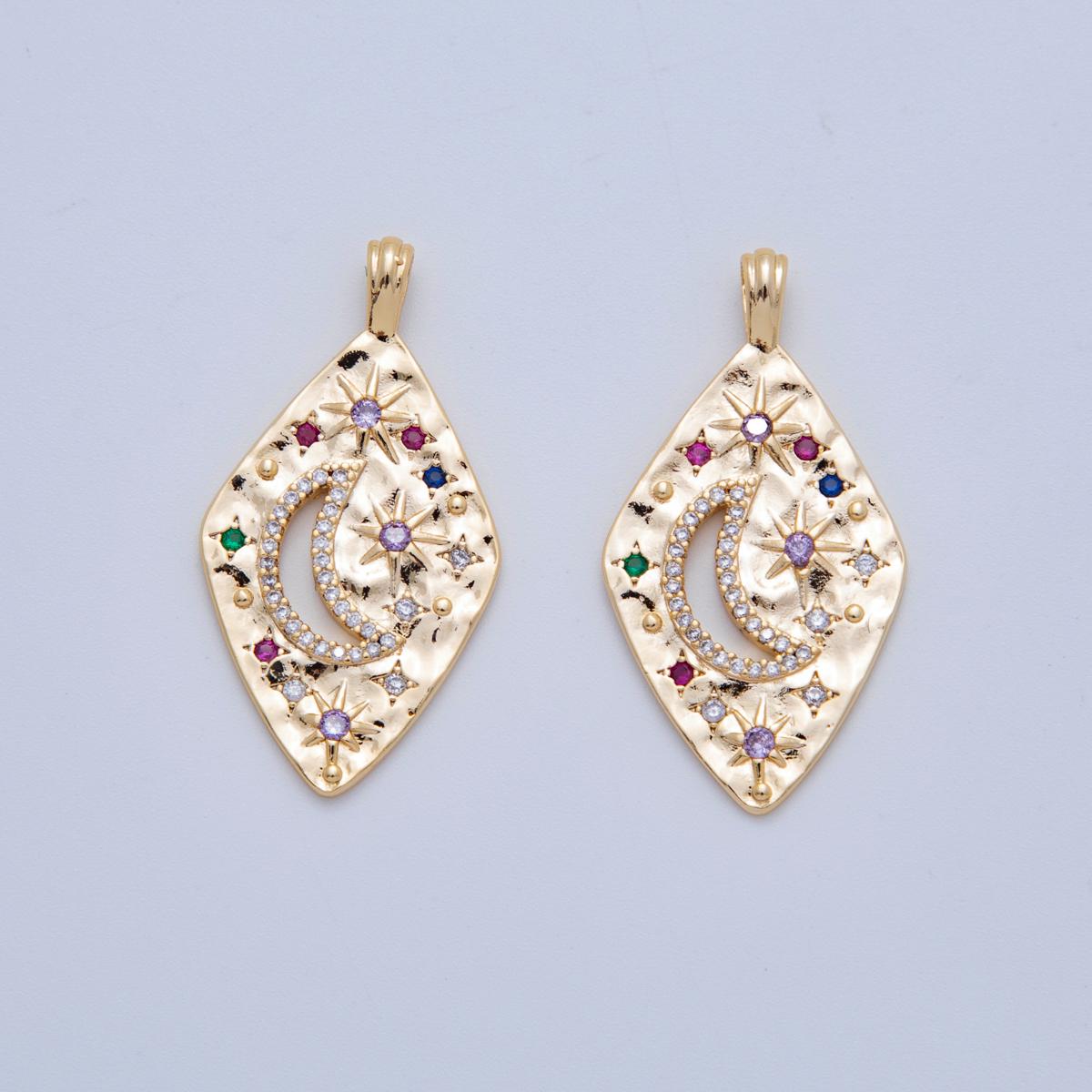 18K Gold Filled 36mm Rhombus Celestial Crescent Moon Star Textured Diamond Charm | AH-784