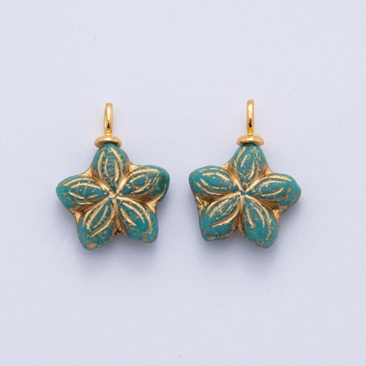 Hand-Painted Floral Resin Charms – Gold Accented Starflower Drop Charm Vintage Bohemian Style AF-713