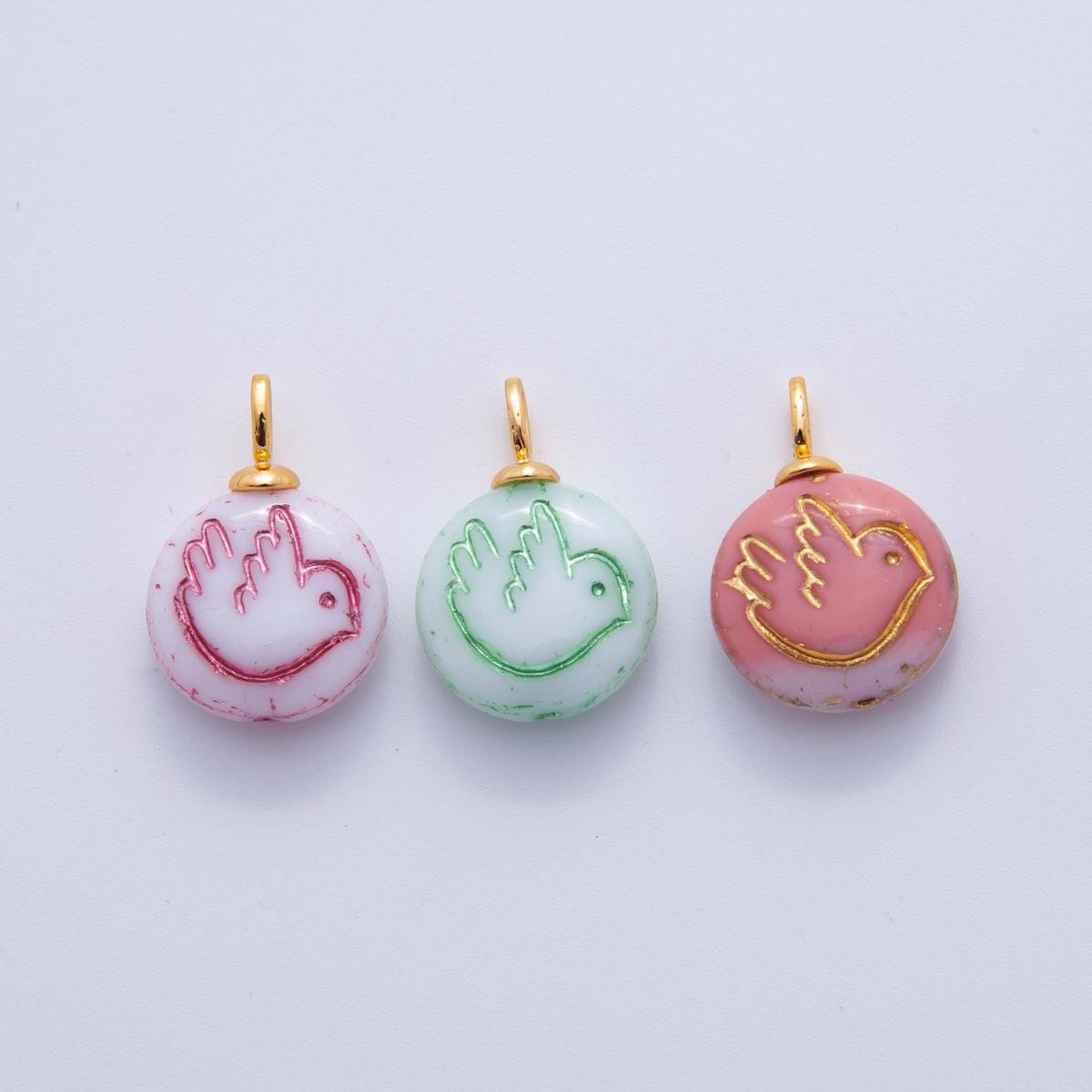 Hand-Painted Dove Resin Charms – Gold Accented Bird Round Drop Charm Vintage Bohemian Style
