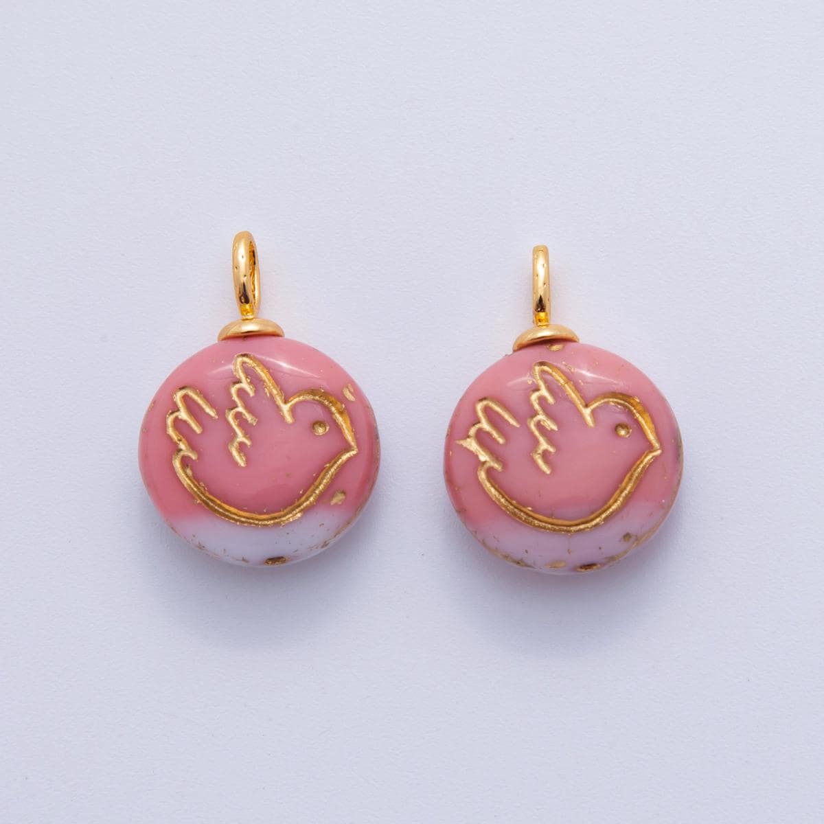 Hand-Painted Dove Resin Charms – Gold Accented Bird Round Drop Charm Vintage Bohemian Style