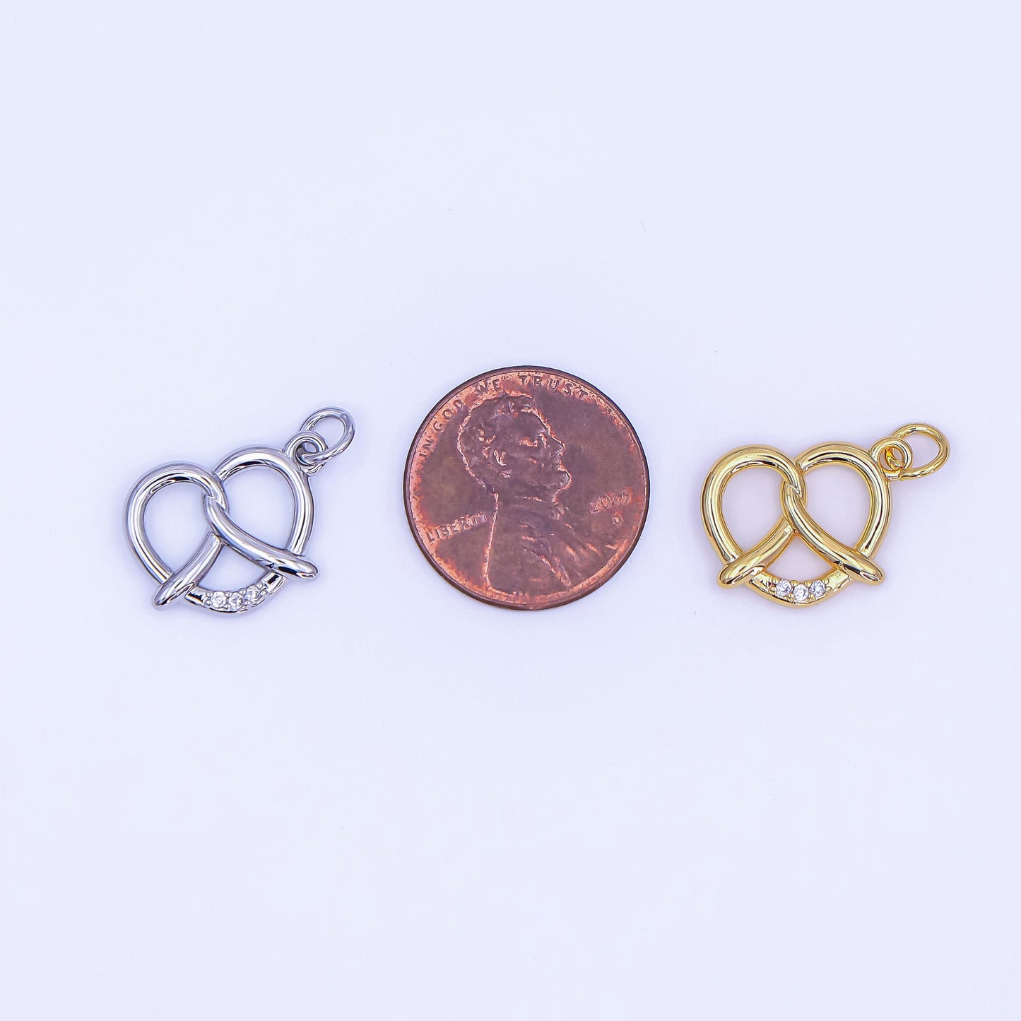 Minimalist Small 3D Pretzel Pastry 24K Gold Filled Food Charm with Clear CZ in Gold & Silver | AF491
