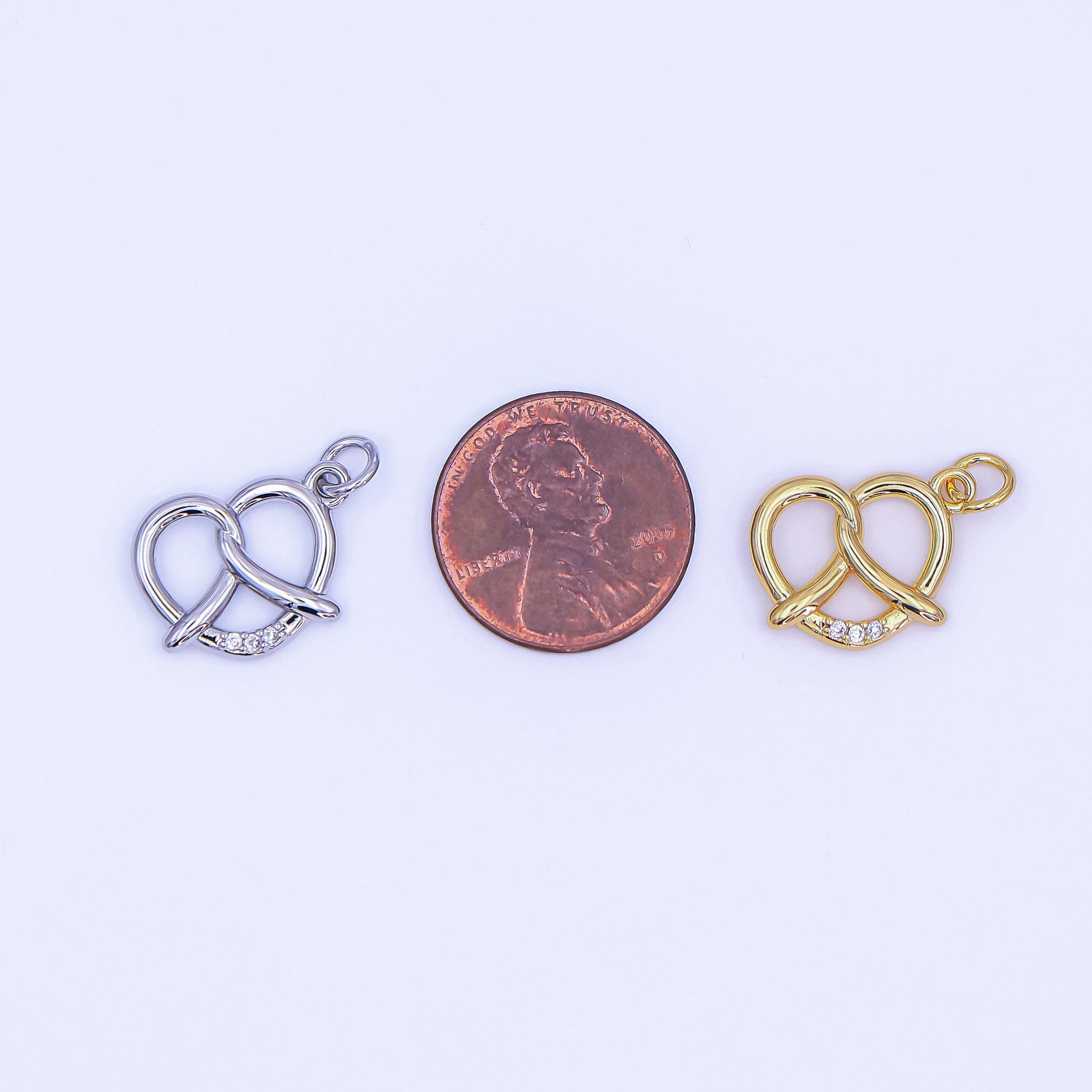 Minimalist Small 3D Pretzel Pastry 24K Gold Filled Food Charm with Clear CZ in Gold & Silver | AF491