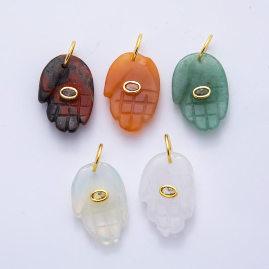 Big Gemstone Hamsa Hand Pendant Natural Stone Evil Eye Charm for Amulet Necklace Jewelry Making Supply 18k Gold Filled Charm AH-887