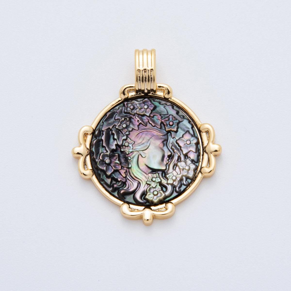 18K Gold Filled Women Lady Face Portrait Cameo Nautical Floral Natural Abalone Pearl Bezel Round Charm | AF-831