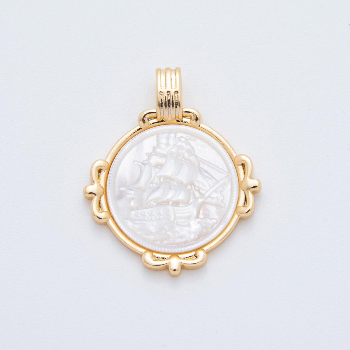 18K Gold Filled Women Lady Face Portrait Cameo Nautical Floral Natural Abalone Pearl Bezel Round Charm | AF-831