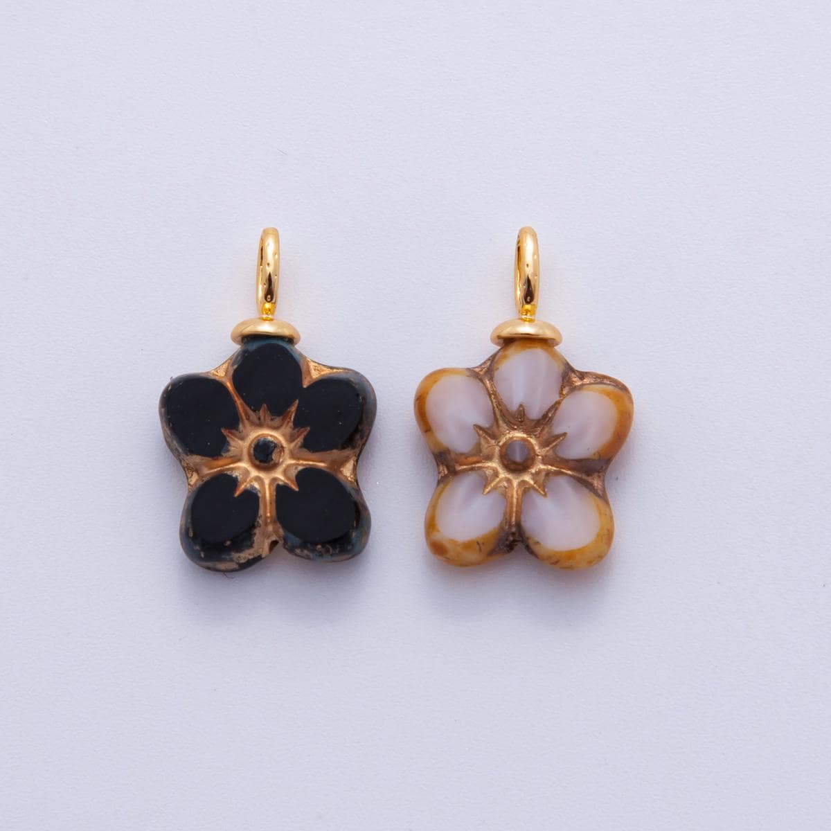 Hand-Painted Floral Resin Charms – Gold Accented Forget Me Not Flower Drop Charm Vintage Bohemian Style AF-719