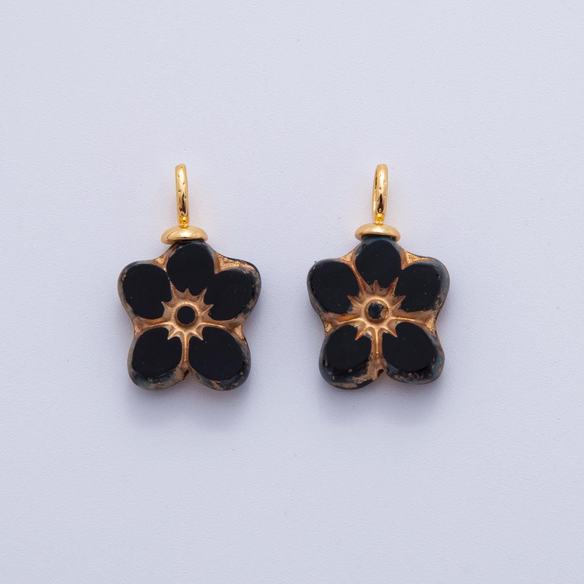 Hand-Painted Floral Resin Charms – Gold Accented Forget Me Not Flower Drop Charm Vintage Bohemian Style AF-719