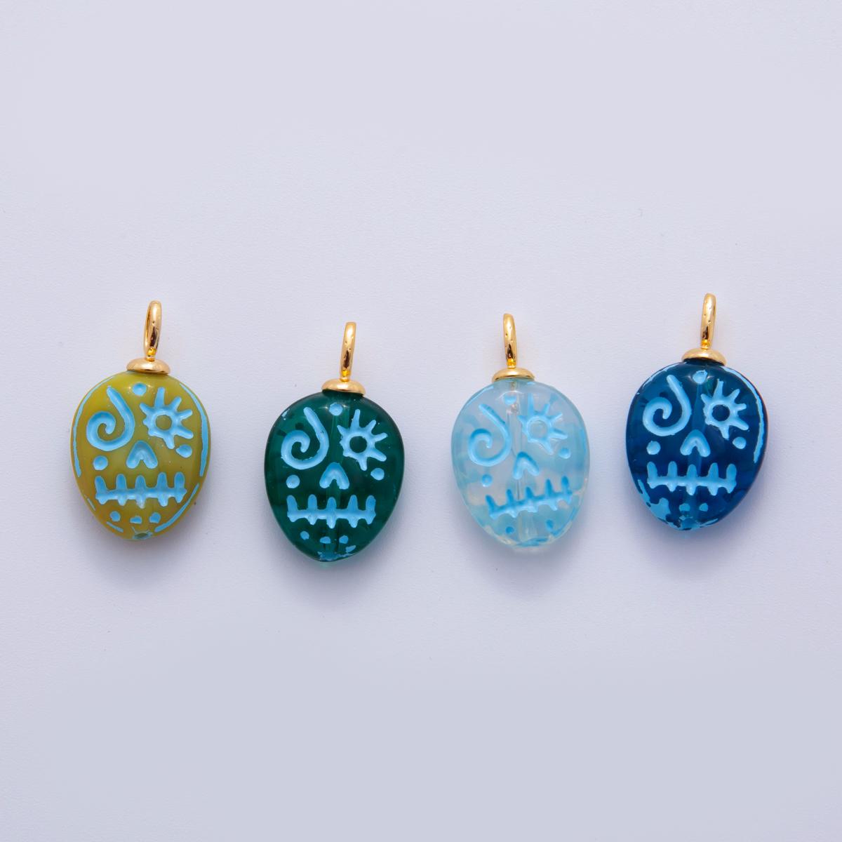 Dainty Colorful Dia de los Muertos Charm Skull pendant Head Skull Charms – Hand-Etched Halloween Pendants with 18K Gold Filled AF-725