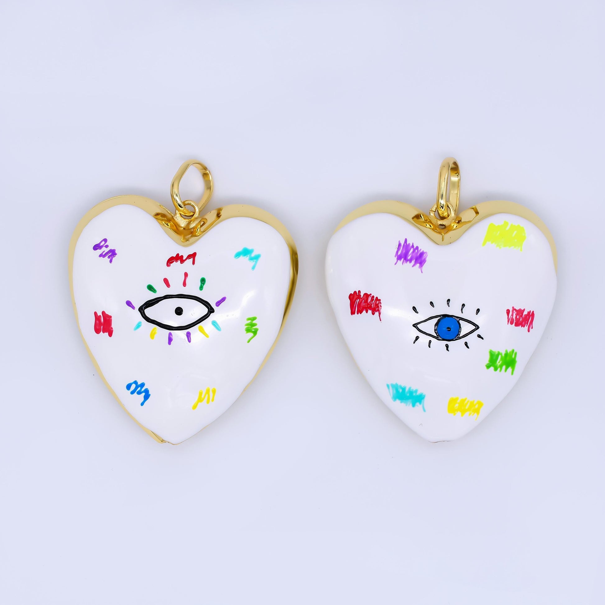 Puffy big 14k gold filled heart charm balloon pendant with Evil Eye for statement jewelry making supply | AH-407