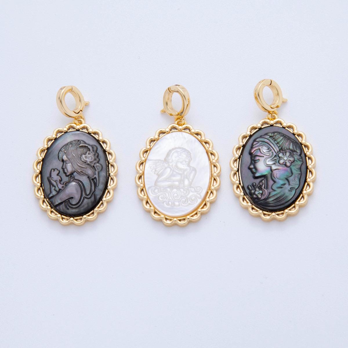 18K Gold Filled Women Lady Face Portrait Cameo Natural Abalone Pearl Bezel Angel Oval Charm | AH-781