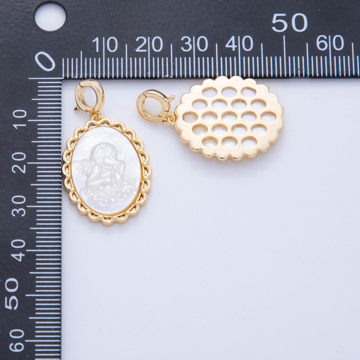 18K Gold Filled Women Lady Face Portrait Cameo Natural Abalone Pearl Bezel Angel Oval Charm | AH-781