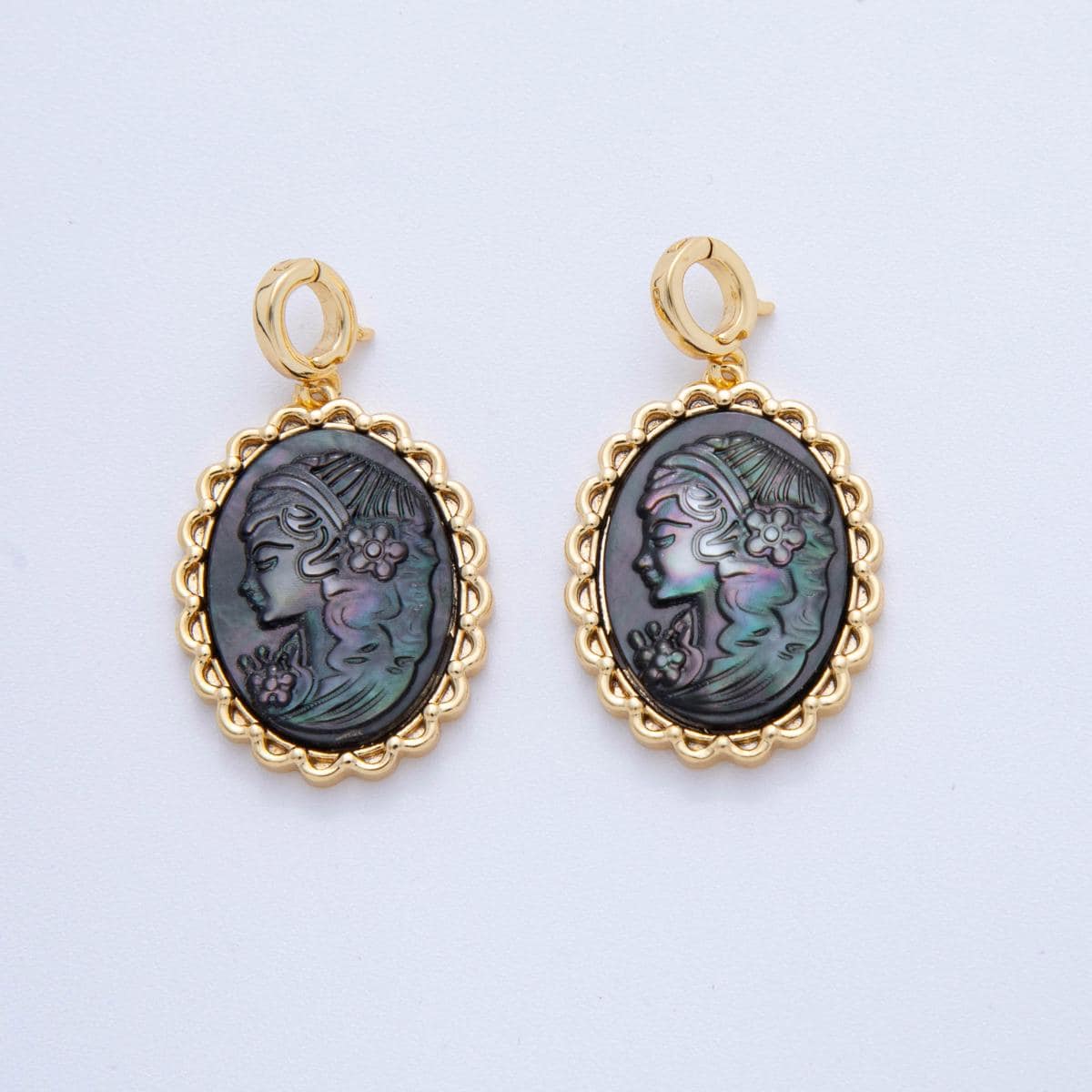 18K Gold Filled Women Lady Face Portrait Cameo Natural Abalone Pearl Bezel Angel Oval Charm | AH-781