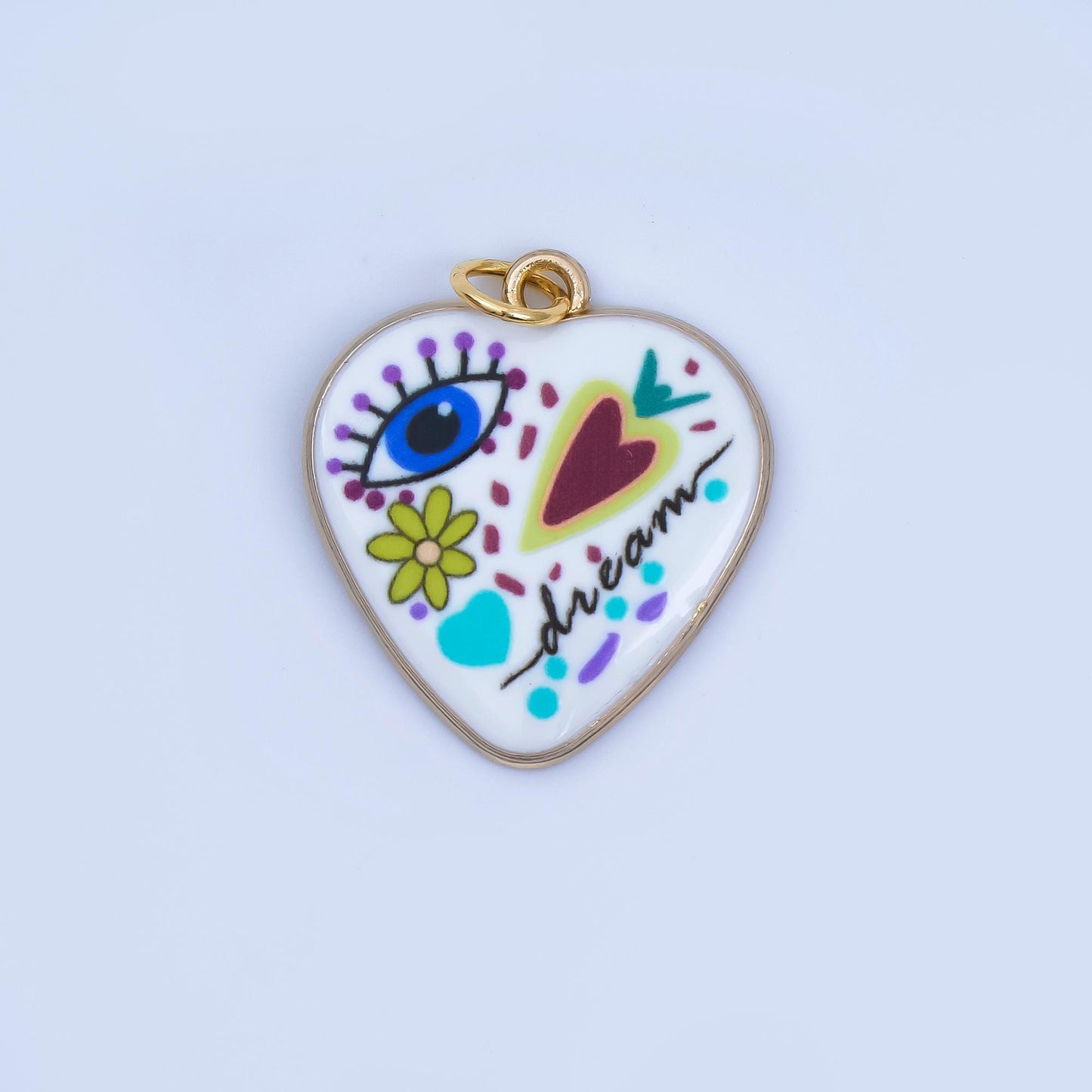 Positive Words Colorful Heart Enamel Charms 24K Gold Fill Love & Eye Pendants AJ-406