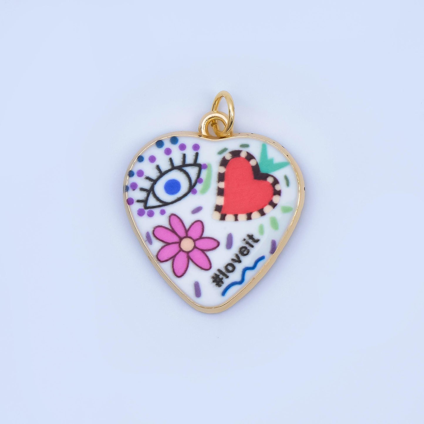 Positive Words Colorful Heart Enamel Charms 24K Gold Fill Love & Eye Pendants AJ-406