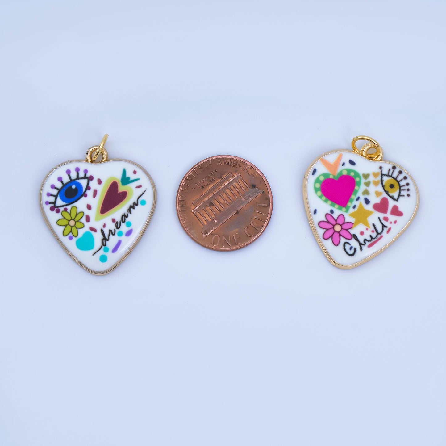 Positive Words Colorful Heart Enamel Charms 24K Gold Fill Love & Eye Pendants AJ-406