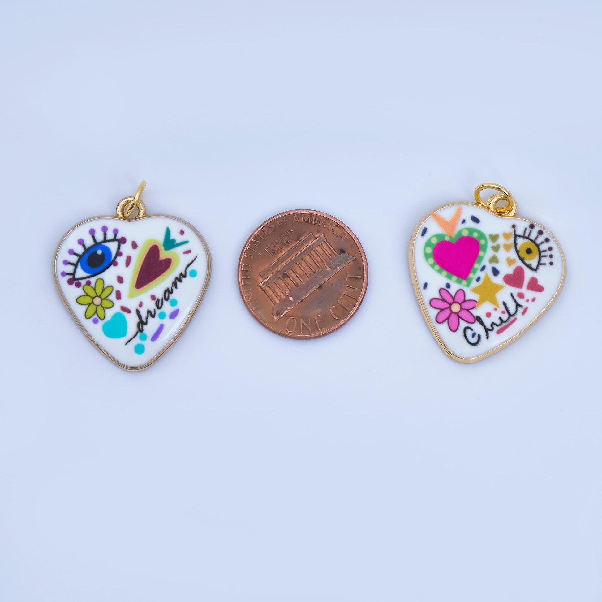 Positive Words Colorful Heart Enamel Charms 24K Gold Fill Love & Eye Pendants AJ-406