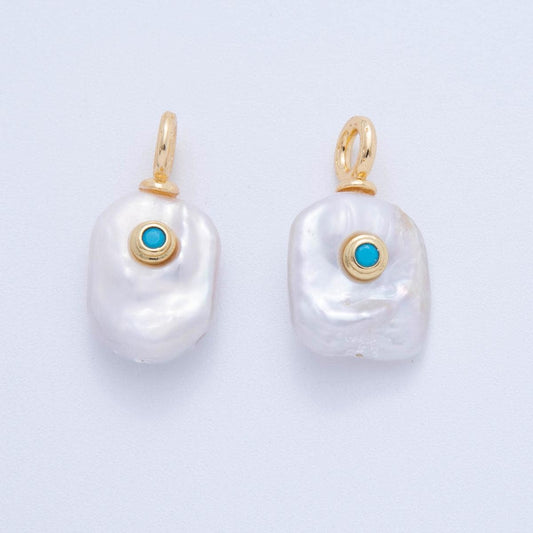 Freeform 24k gold filled clear micro paved Teal cz freshwater pearl pendant | af-616