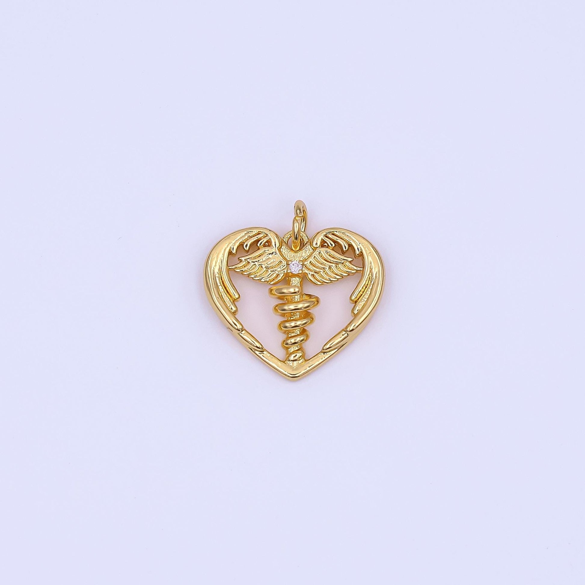 Tiny Heart Gold medicine caduceus symbol medical doctor nurse gift idea roman mercury Nurse pendant Angel Wing | AF-497