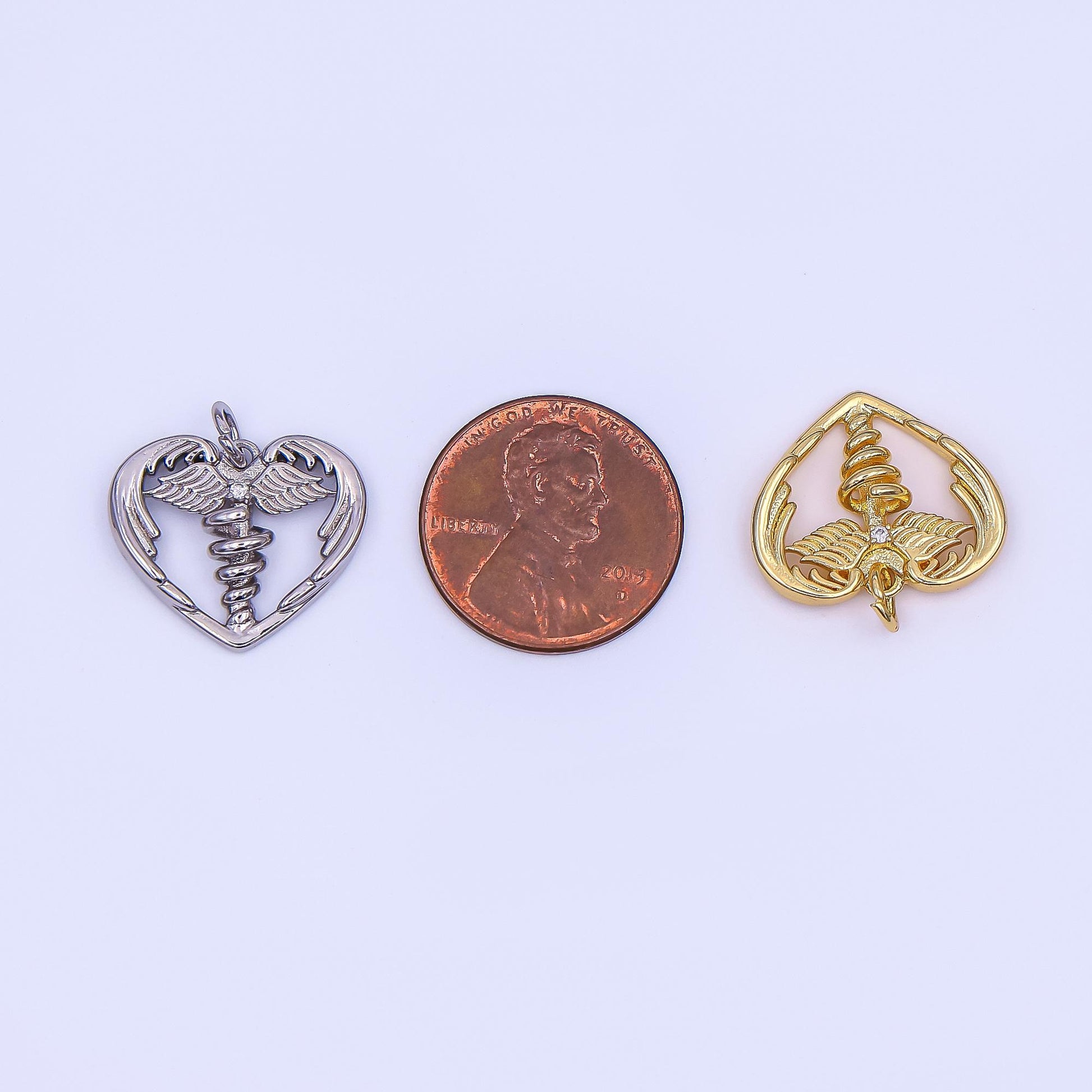 Tiny Heart Gold medicine caduceus symbol medical doctor nurse gift idea roman mercury Nurse pendant Angel Wing | AF-497