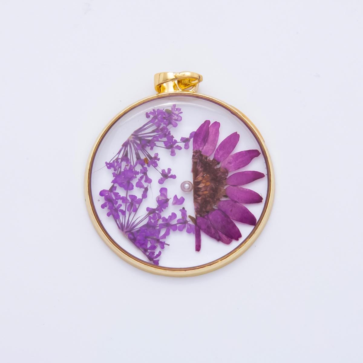 18K Gold Filled 39.5mm Resin Dried Flower Pendant | AH787 - AH792