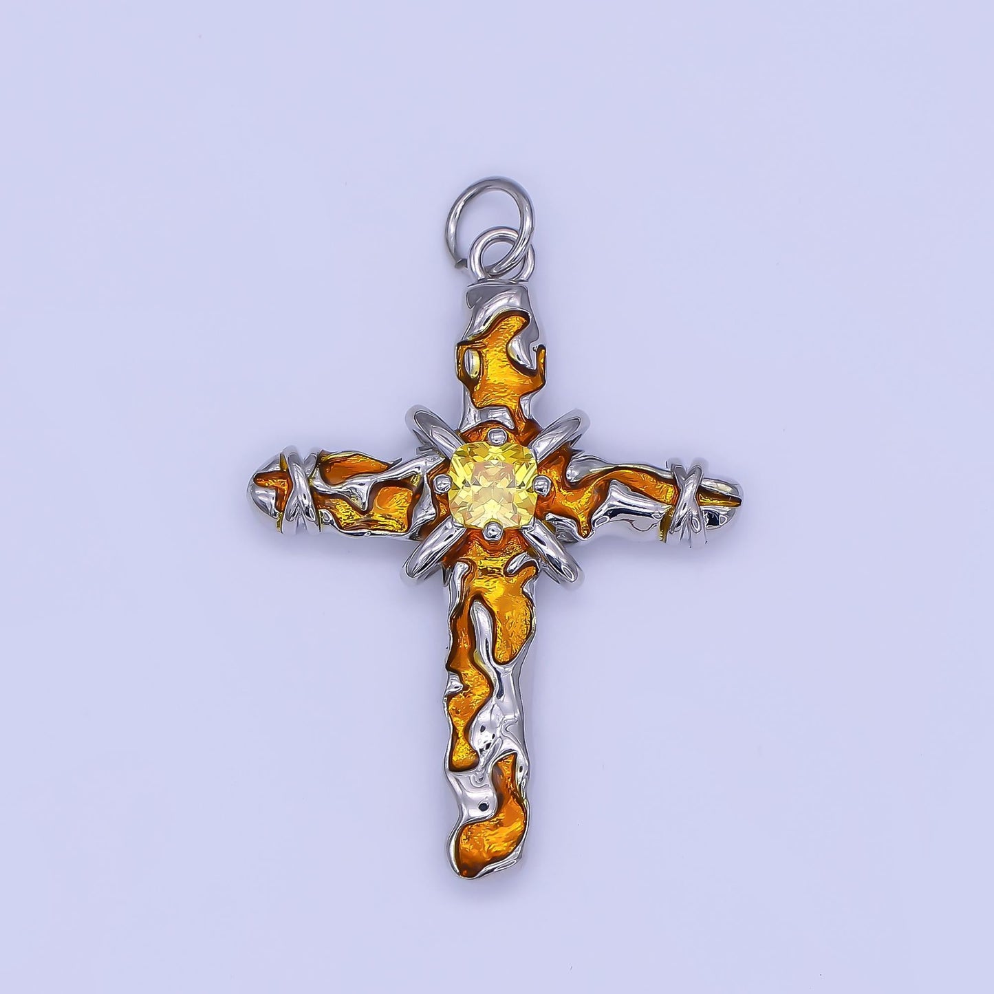 Dainty Silver Cross Pendant Orange Enamel Fire Cross Religious Pendant Charm | AF-510