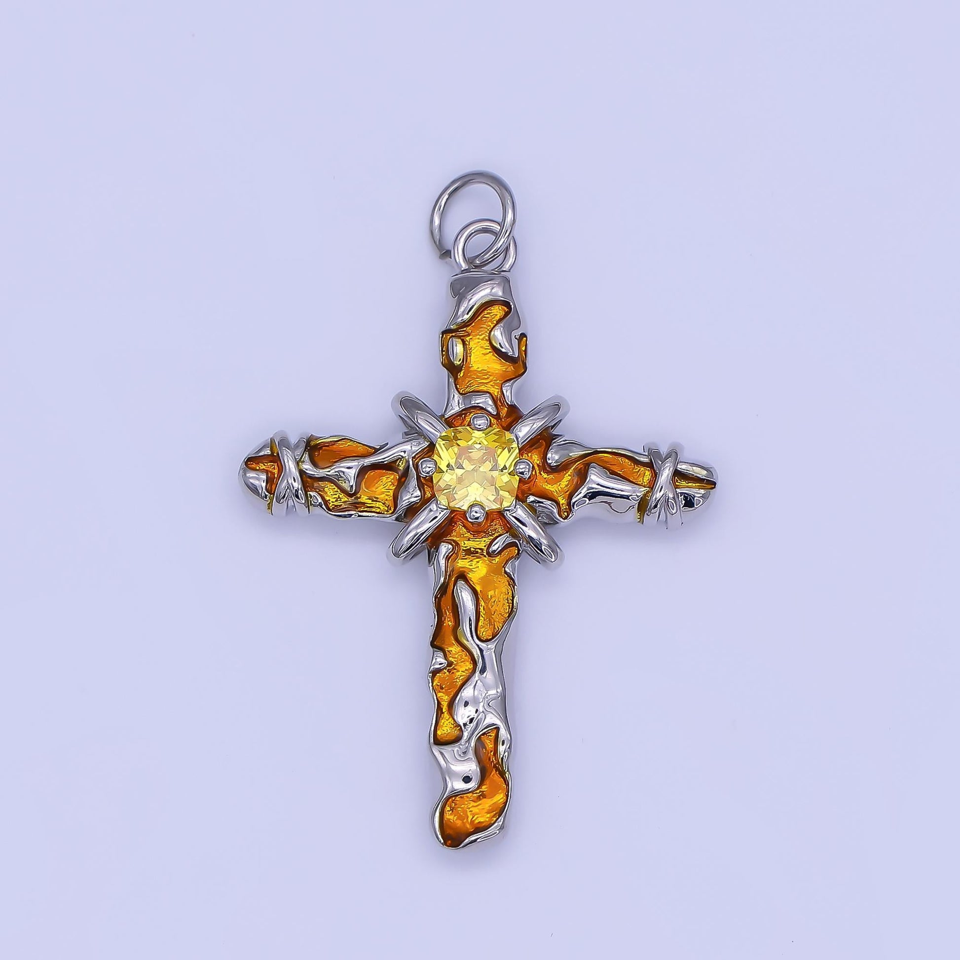 Dainty Silver Cross Pendant Orange Enamel Fire Cross Religious Pendant Charm | AF-510