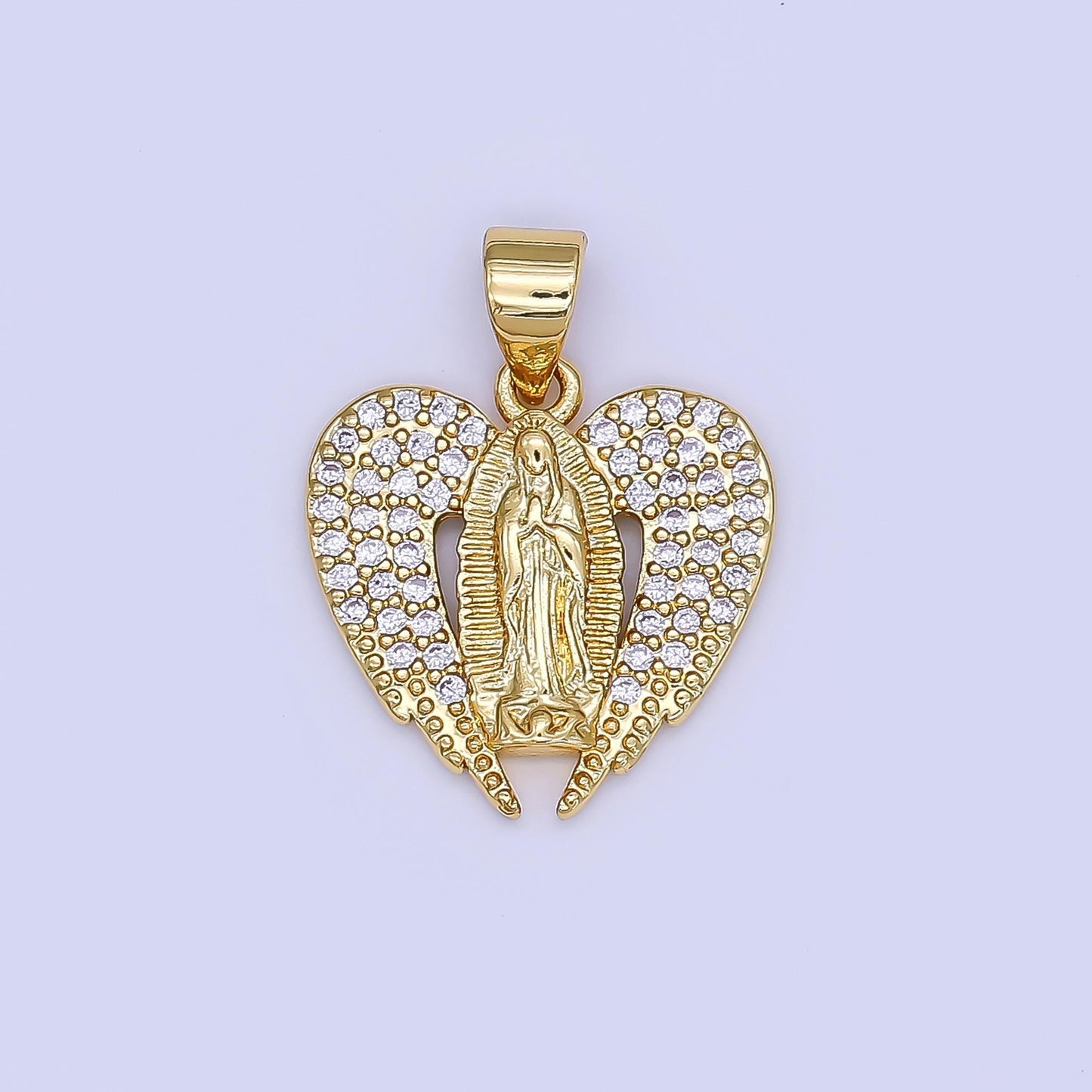 14K Gold Virgin Mary On Heart with Angel Wing Shape Pendant Religious Charm Lady Guadalupe Pave Pendant, Dainty Gold Charm AH-451