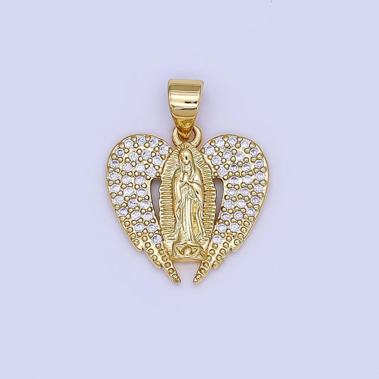 14K Gold Virgin Mary On Heart with Angel Wing Shape Pendant Religious Charm Lady Guadalupe Pave Pendant, Dainty Gold Charm AH-451