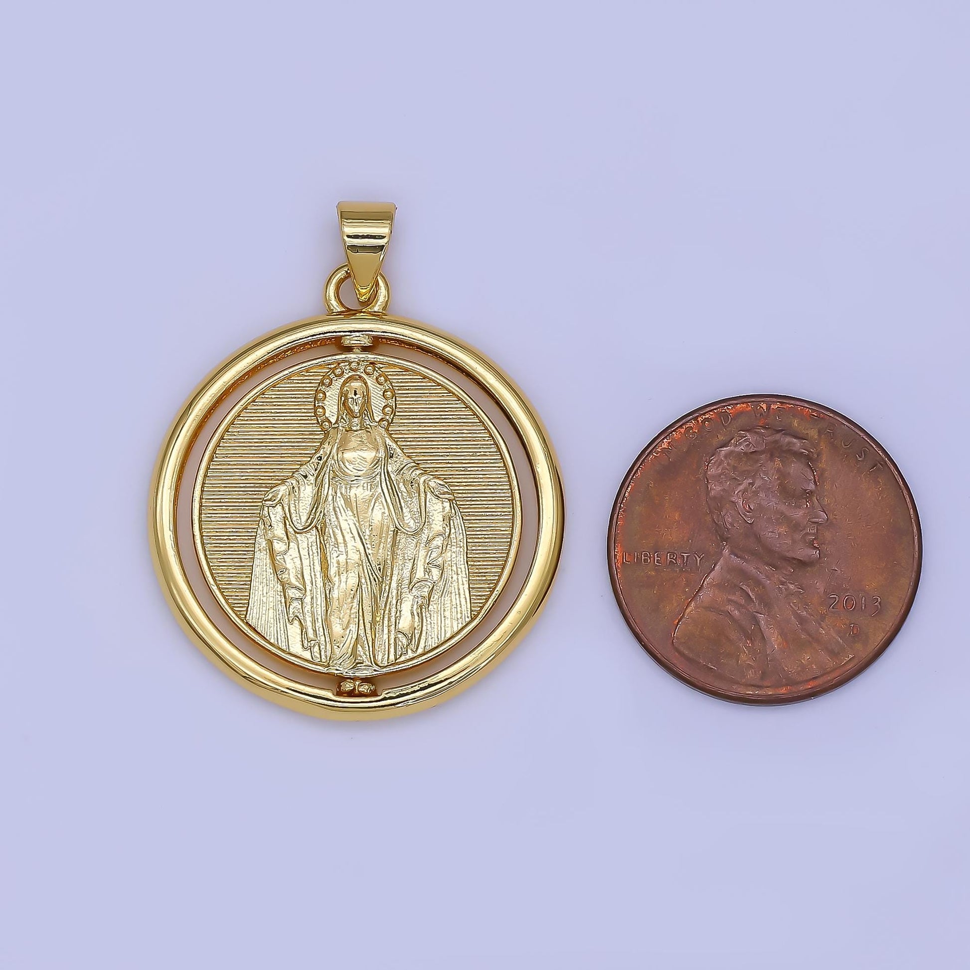 Double Sided 24K Gold Filled Miraculous Lady Round Charm Medallion for Necklace Bracelet Virgin Mary Religious Jewelry Making | AH-453