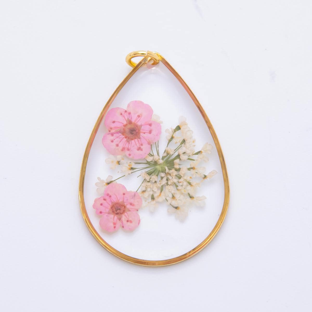 18K Gold Filled 35mm Resin Baby Pink Teardrop Sakura Flower Pendant | AH845