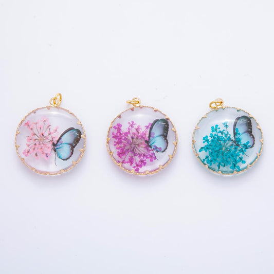 18K Gold Filled 33mm Resin Butterfly Bloom Flowers Charm | AH851 AH852