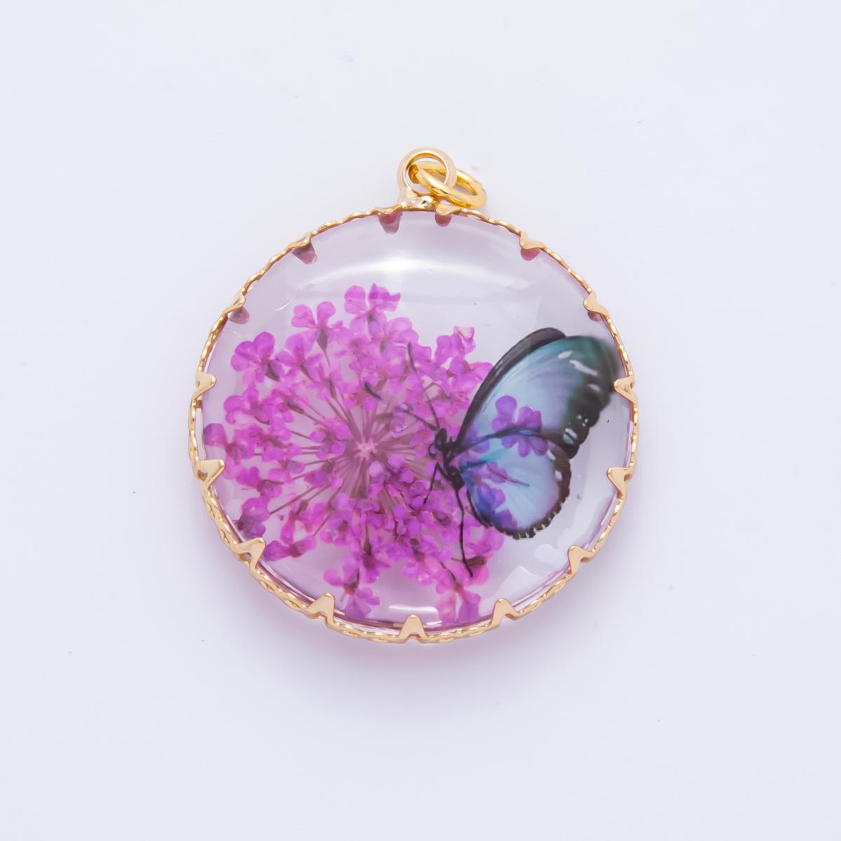 18K Gold Filled 33mm Resin Butterfly Bloom Flowers Charm | AH851 AH852