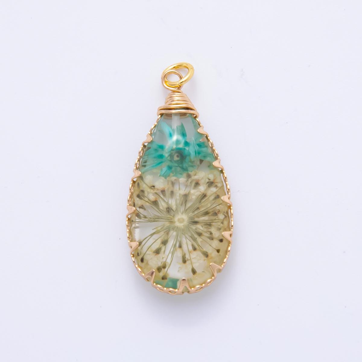 18K Gold Filled 37mm Resin Forest Teardrop Flower Charm | AH853