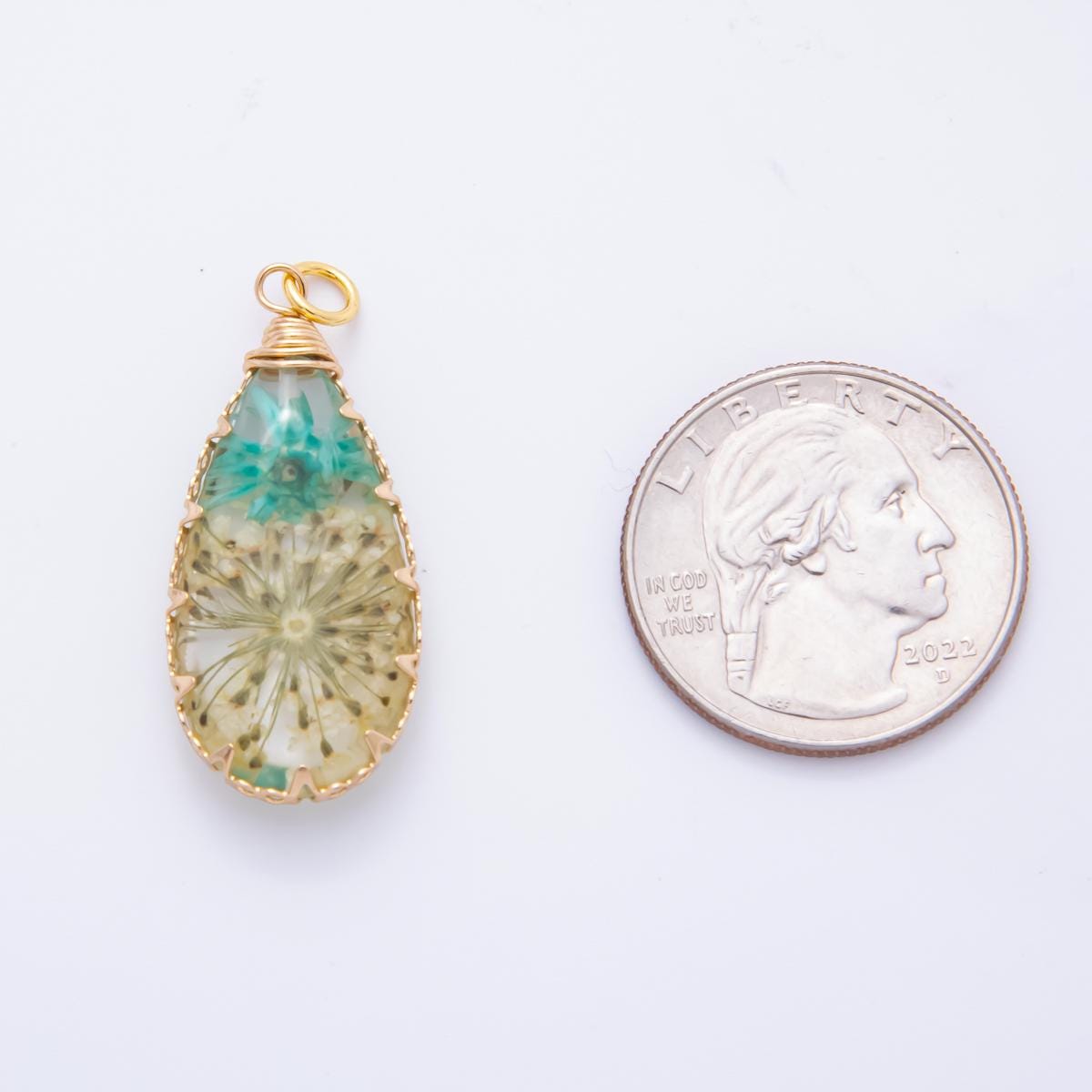 18K Gold Filled 37mm Resin Forest Teardrop Flower Charm | AH853