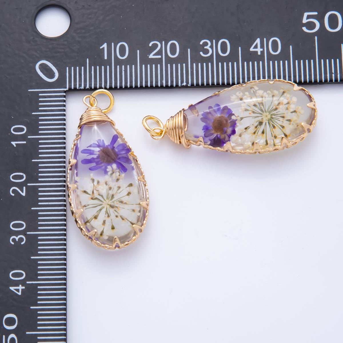 18K Gold Filled 37mm Resin Forest Teardrop Flower Charm | AH853
